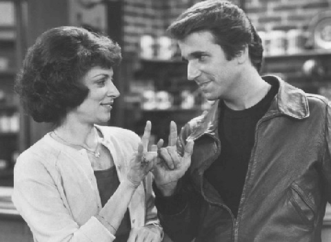 Linda Bove (as Allison) and Henry Winkler (as Arthur The Fonz Fonzarelli) signing I love you in ASL on Happy Days